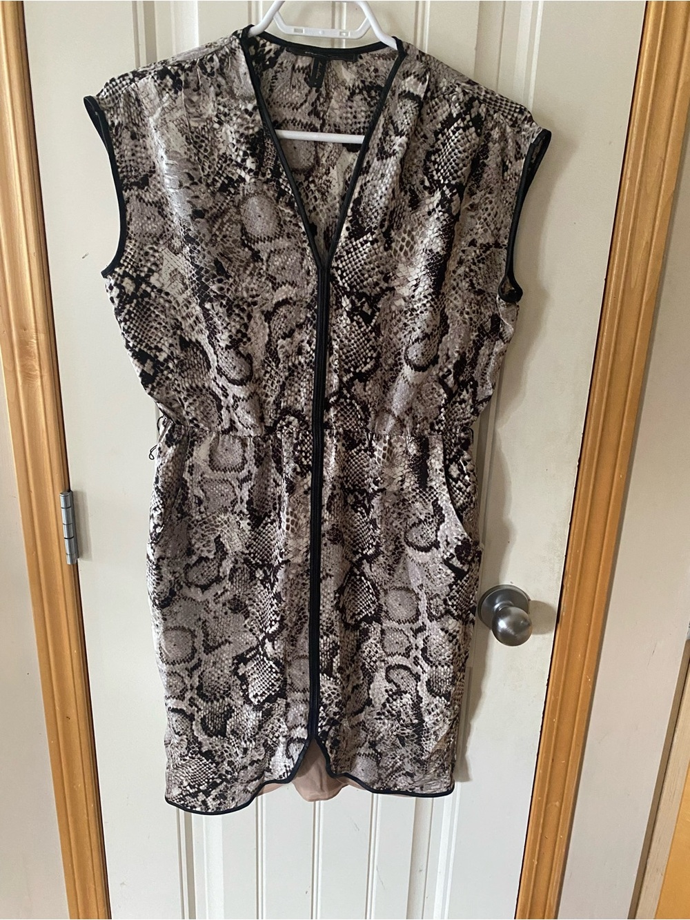 BCBGMaxAzria Black and Beige Snake Print Dress with Leather Trim